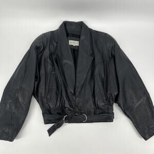 Vintage Trina Young Leather Jacket Womens Size M Black Cropped Biker 80s 90s